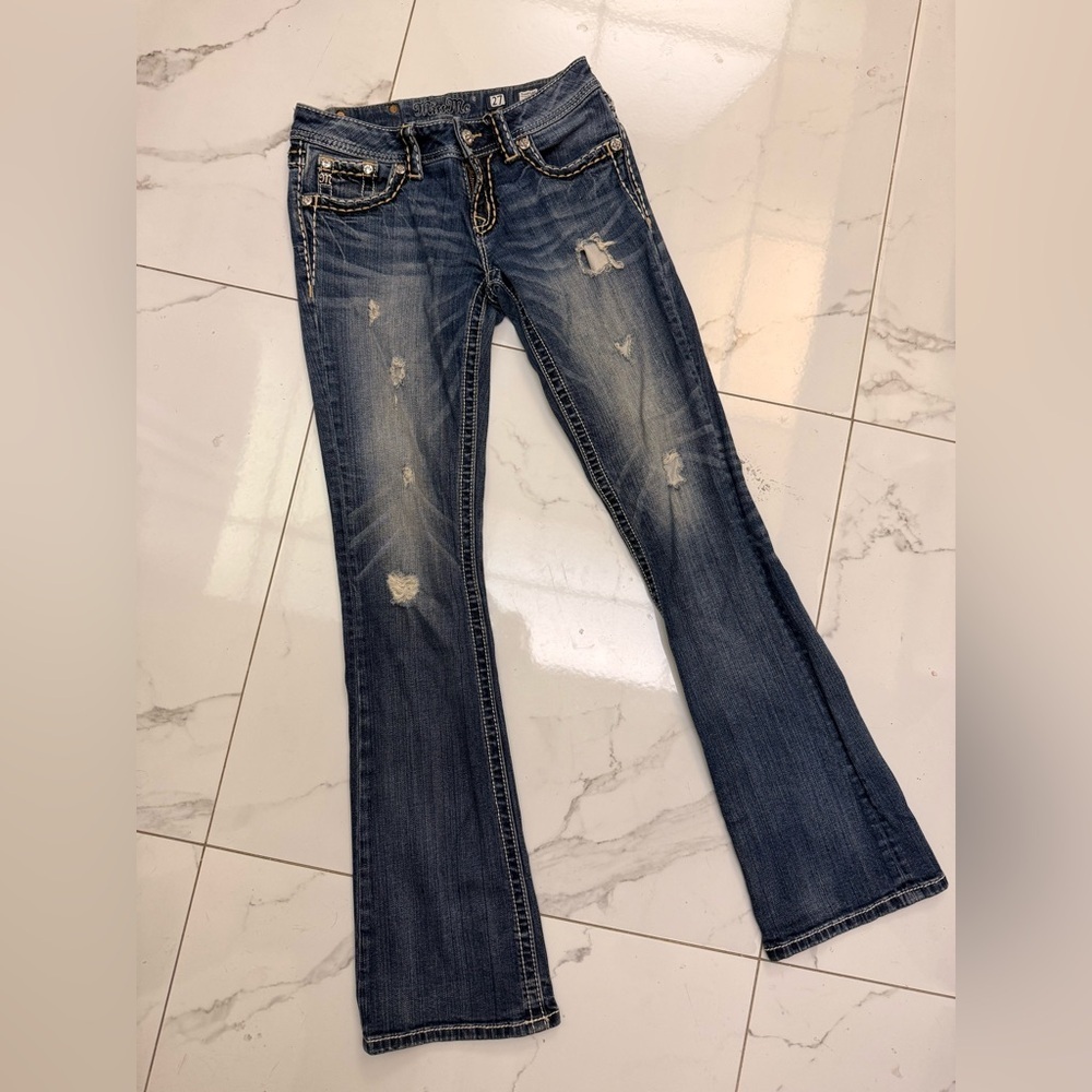Miss Me Distressed Dark Blue Flare Jeans Size 27